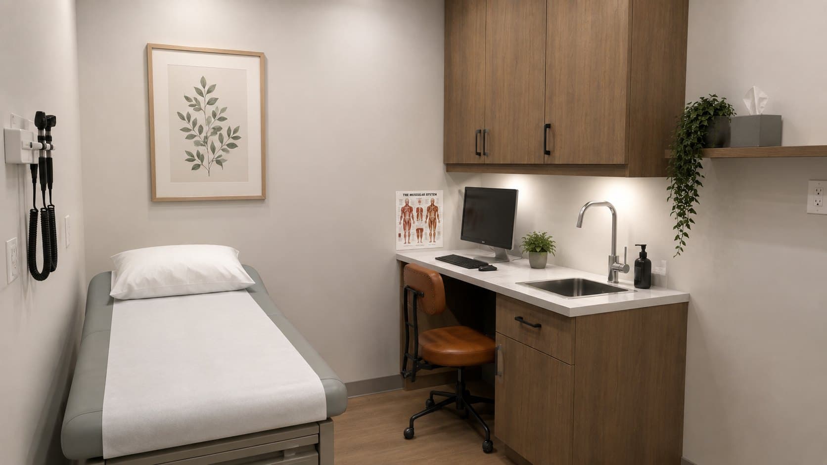 An exam room at 231 Dundas St E: a treatment table, a desk and sink, and a framed botanical print.